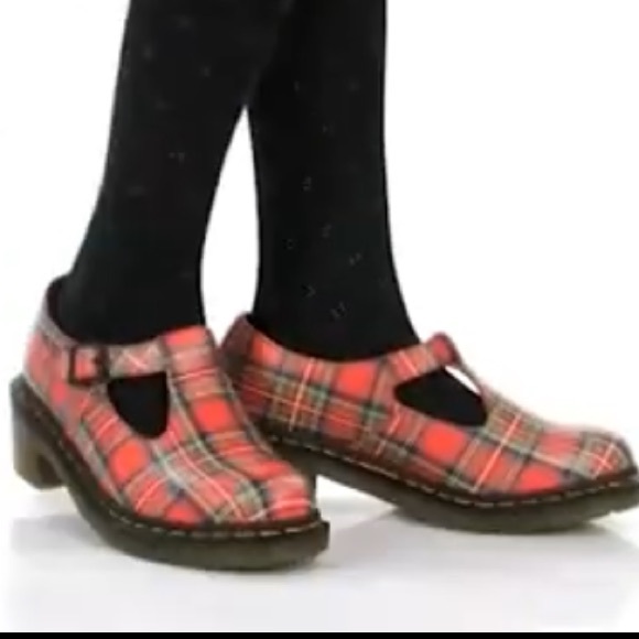 Dr Marten Polley Stewart Tartan Plaid Sophia Mary Jane Leather Shoe Red 41 9 New - Picture 14 of 14